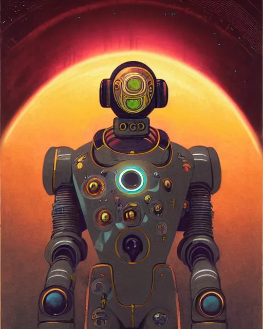 Image similar to zenyatta from overwatch, nine robot eyes, character portrait, portrait, close up, concept art, intricate details, highly detailed, vintage sci - fi poster, retro future, in the style of chris foss, rodger dean, moebius, michael whelan, and gustave dore