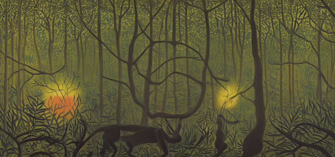 Prompt: portrait of a posed hyper detailed complex, plowhorn evangelion realistic mechanical and bioluminescent organic creature in a dark deep forest at dawn in spring, with reflection and textures, by henri rousseau