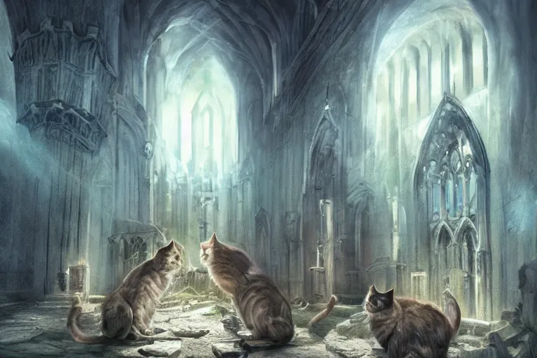 Image similar to concept art of ancient cathedral of forgotten cat people, ritual, many cats national geographic, high fantasy, strong perspective, sacred perfect lighting,