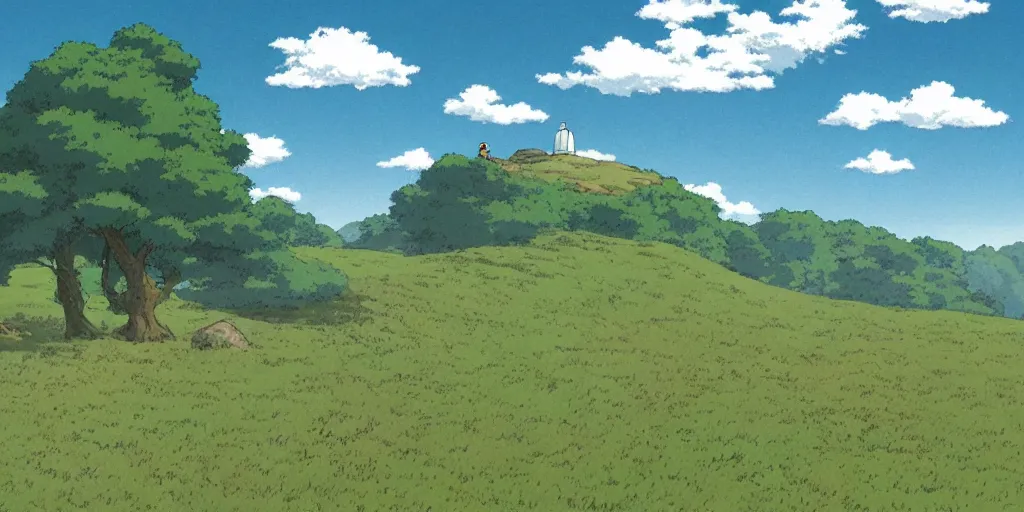 Prompt: a peaceful mountain overlooking a field, studio ghibli, HD