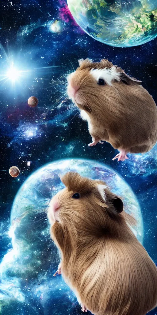 Image similar to ultra realistic guineapigs's portrait floating in space suits floating in space on the cover of vogue magazine, 4 k, 8 k, nebula, universe, many stars, space station