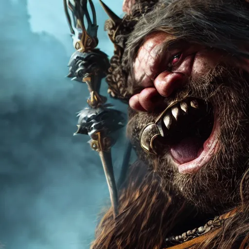 Image similar to a fantasy cinematic shot of a dwarf berserker, close up, face, warhammer, dnd, fighting monsters, octane render, hyperreal, 8 k