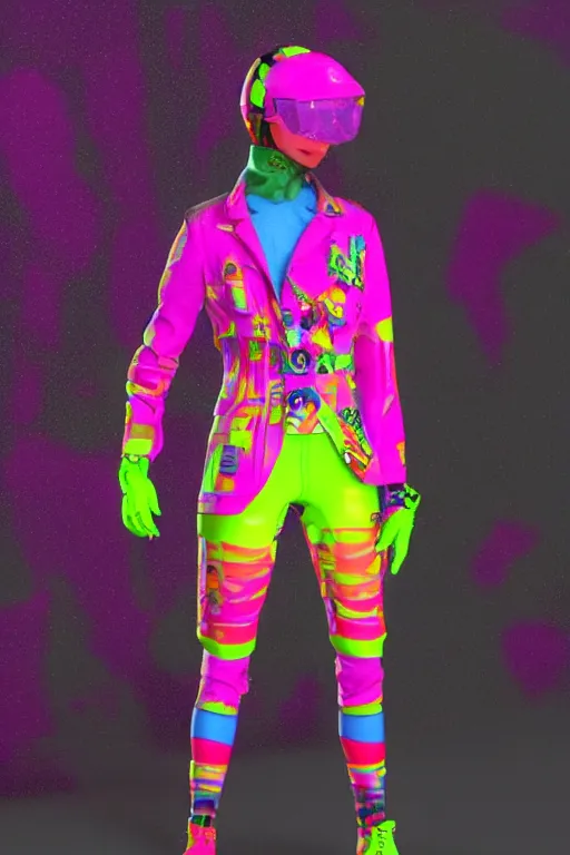 Image similar to a scene with a character wearing a super colorful fluo suit, vivienne westwood, detailed photoreal render octane render