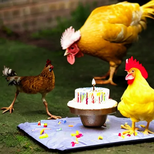 Image similar to a light yellowish down-covered baby chick and a rooster are near a birthday cake having 3 candles