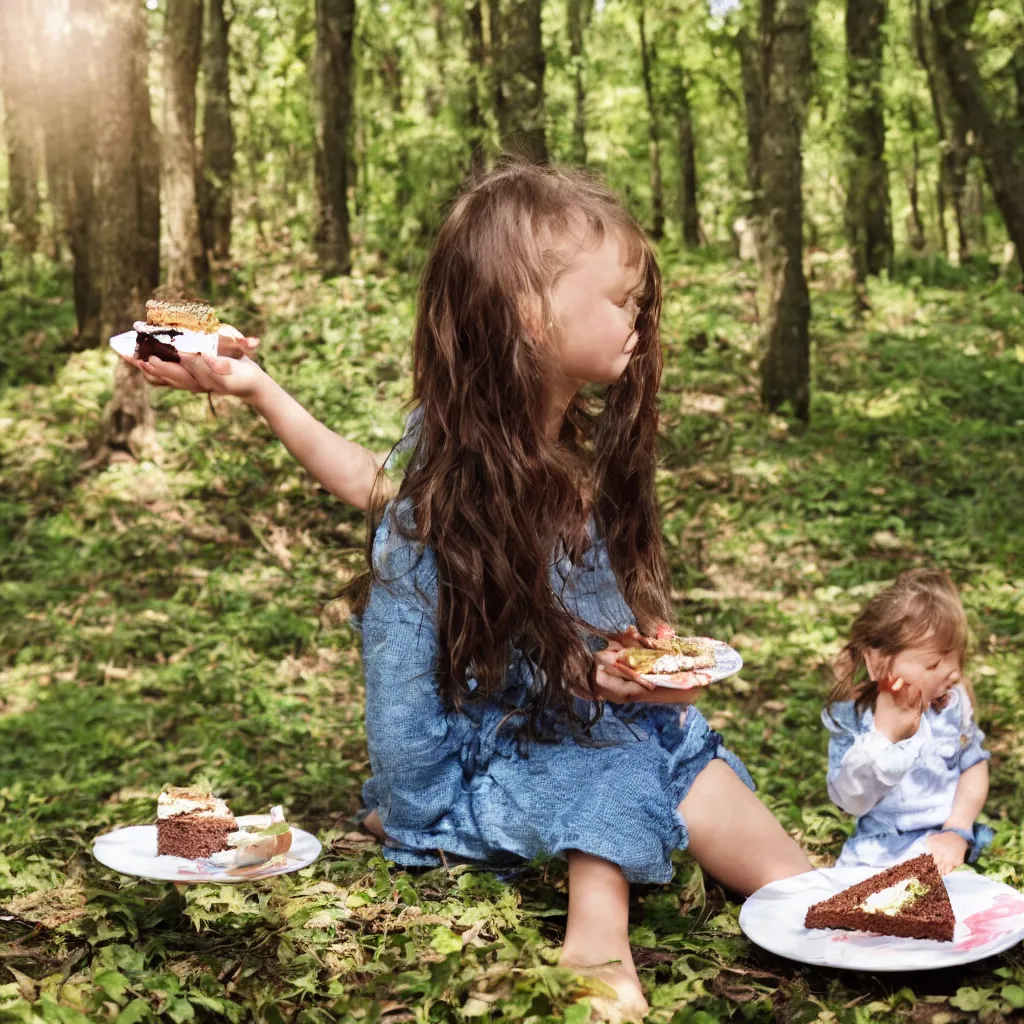 Image similar to a girl sitting in a forest, girl eating a piece of cake, sunny day, windy day