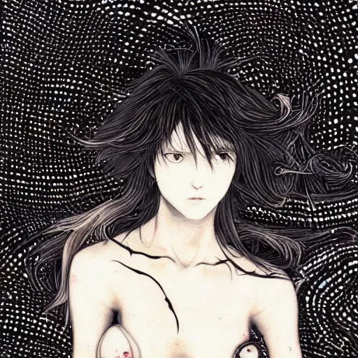 Image similar to Yoshitaka Amano realistic illustration of an anime girl with wavy white hair and cracks on her face wearing white shirt and black tie, abstract black and white patterns on the background, noisy film grain effect, highly detailed, Renaissance oil painting, weird camera angle