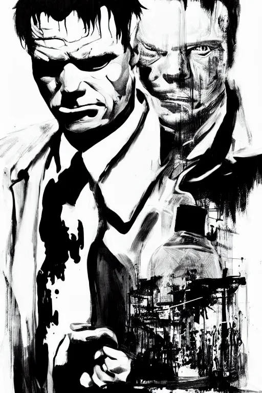 Prompt: black and white illustration of Pulp fiction, neo noir style, Frank Miller creative design, body horror