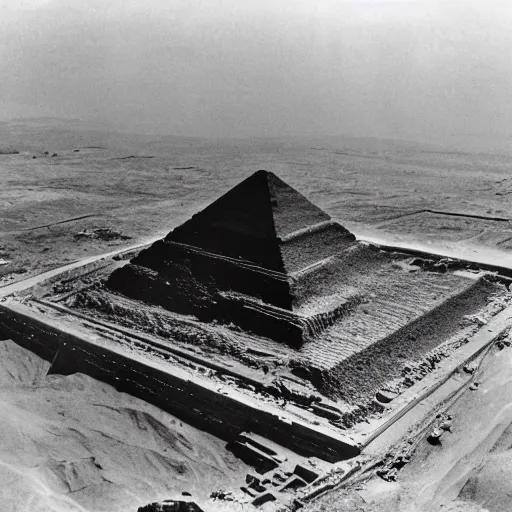 Image similar to an aerial photograph of a pyramid at giza at the early stages of construction with heavy scaffolding clearly visible, the top of the pyramid has not been built and is not visible, dslr