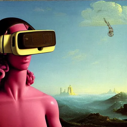 Image similar to David Friedrich, award winning masterpiece with incredible details, a surreal vaporwave vaporwave vaporwave vaporwave vaporwave painting by Thomas Cole of an old pink mannequin head wearing VR goggles with cables and wires coming out of it's neck, highly detailed