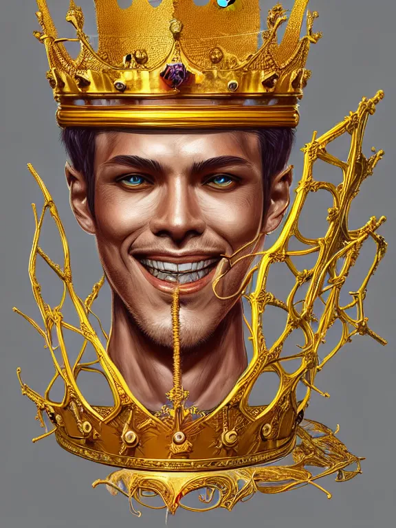 Image similar to digital art, centered full body of an smiling king, golden crown, ,intricate, veins, by James Jean and by artgerm , ultradetailed, charachter design, concept art, trending on artstation,