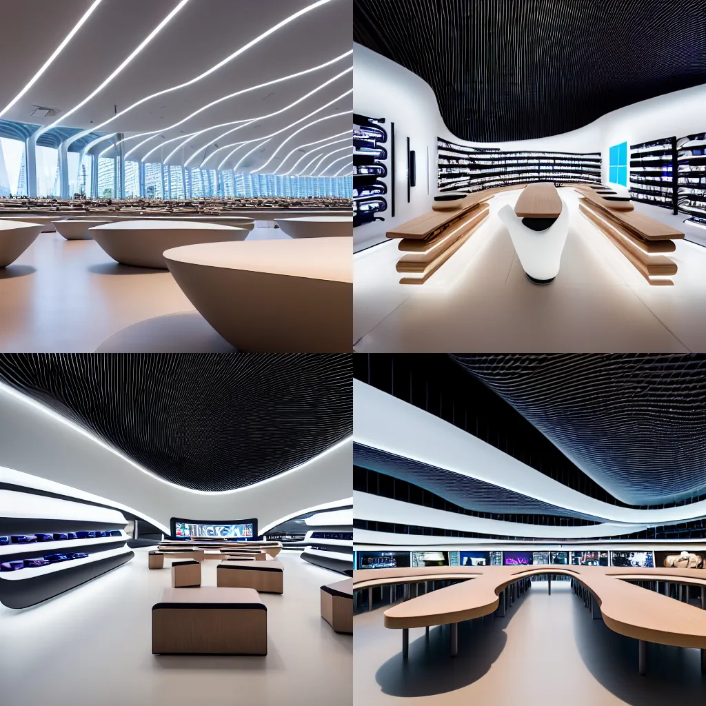 Prompt: (2050s bulbous Microsoft Zaha Hadid Zaha Hadid retail interior. Mobile phones. large oak tables, empty stools, fragrant plants, large digital screens) muted palette, architectural photography, wide shot, XF IQ4, 14mm, f/1.4, ISO 200, 1/160s, 8K, RAW, unedited, symmetrical balance