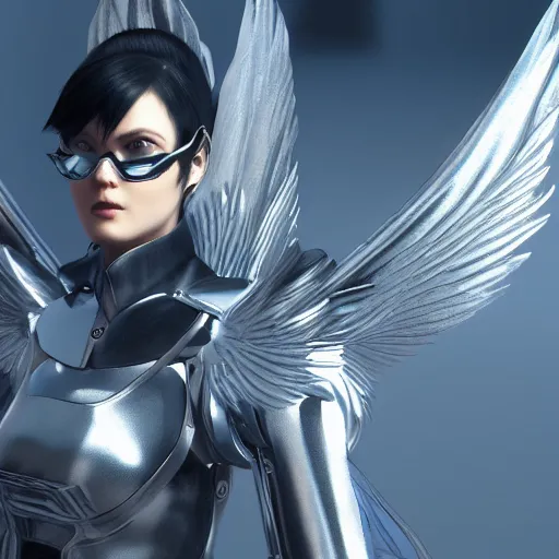 Image similar to futuristic angel wearing high tech armor, bayonetta, rendered in unreal engine, ultra realistic, 4k