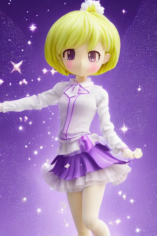 Image similar to A GoodSmile anime figure of a cute magical girl with short blonde hair wearing purple short puffy pants, an oversized beret, white tights covered in stars, and a long billowing scarf. Short hair. Dynamic Rhythmic gymnastics poses. intricate details, realistic, Hyperdetailed, 8k resolution, intricate art nouveau, Octane Render. Ami Ami.