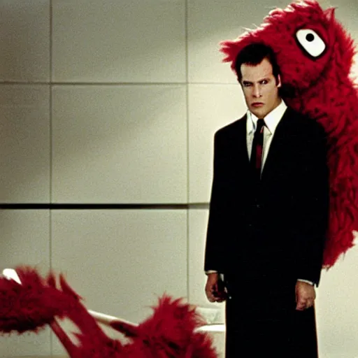 Image similar to still of elmo in american psycho ( 2 0 0 0 ), 8 k, very detailed, very intricate, cinematic,