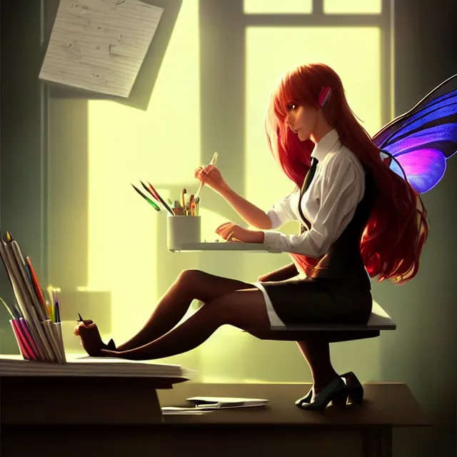 Image similar to epic professional digital art of a fairy in a professional business suit, sitting at her desk,, best on artstation, cgsociety, wlop, Behance, pixiv, astonishing, impressive, outstanding, epic, cinematic, stunning, gorgeous, breathtaking fantasy art, masterpiece.