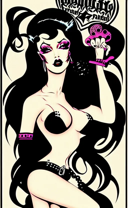 Image similar to goth girl with a detailed face and black hair, burlesque psychobilly, rockabilly, punk, white background, vector art, illustration by frank frazetta