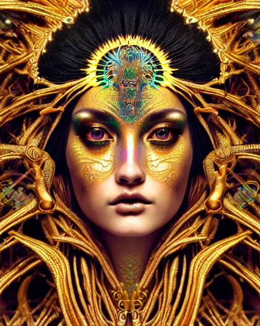 Prompt: hyperrealistic detailed portrait of a beautiful goddess in an iridescent - gold ornamental ritual headdress, intricate cyberpunk make - up, golden face tattoos, insane details, art by ernst haeckel, nekro borja, john william godward, gothic - cyberpunk, beautiful deep colours,