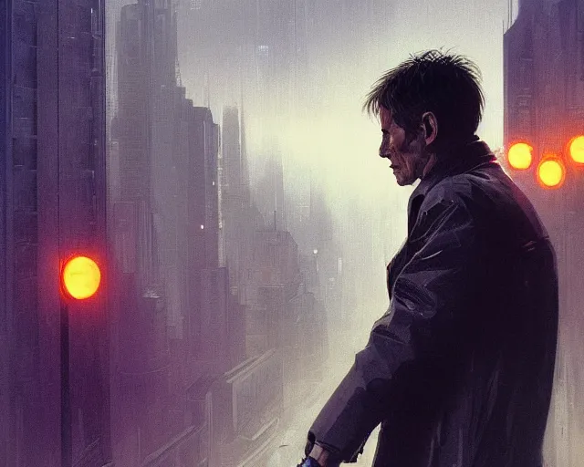 Image similar to 2 0 1 8 blade runner movie young man young clint eastwood western look at the cityscape from roof perfect face fine realistic face pretty face reflective polymer suit tight neon puffy jacket blue futuristic sci - fi elegant by denis villeneuve tom anders zorn hans dragan bibin thoma greg rutkowski ismail inceoglu illustrated sand storm alphonse mucha