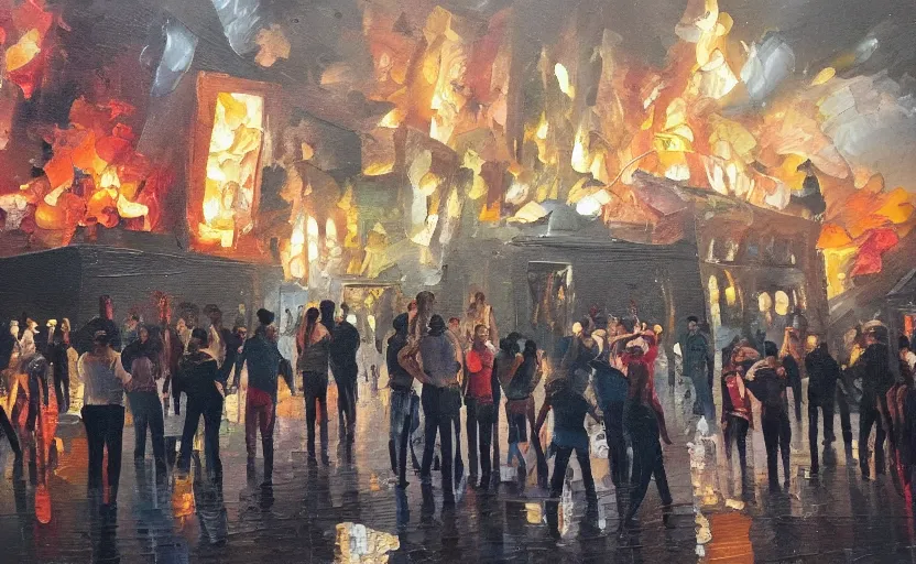 Prompt: an oil painting of people partying in the night while buildings burn behind them