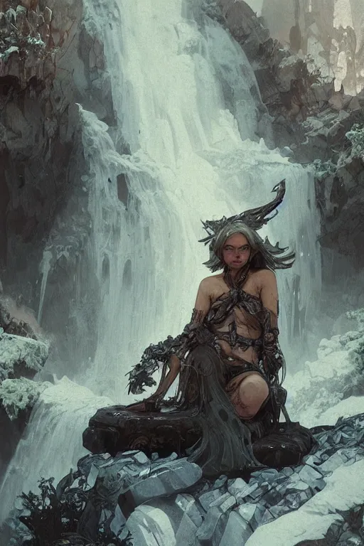 Image similar to a full body portrait of a beautiful post apocalyptic offworld nordic necromancer reclining by the waterfalls, intricate, elegant, highly detailed, digital painting, artstation, concept art, smooth, sharp focus, illustration, art by krenz cushart and artem demura and alphonse mucha