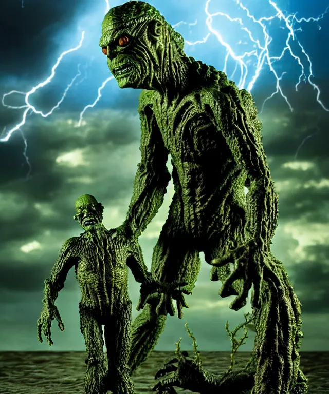 Prompt: hyperrealistic rendering, epic boss battle, cronenberg flesh monster creature from the black lagoon frankenstein, by art of skinner and richard corben, product photography, collectible action figure, sofubi, hottoys, storm clouds, outside, lightning