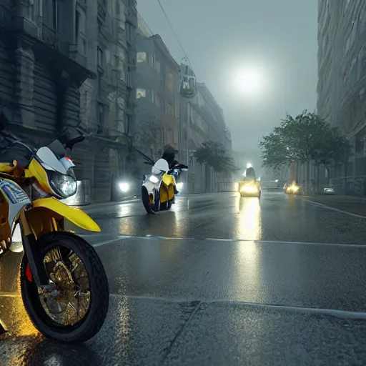 Prompt: highly detailed, photo realistic, drz 4 0 0 s at night in the rain driving on a city street, dense fog, unreal engine, by greg rutowski, by stanley artgerm, by alphonse mucha