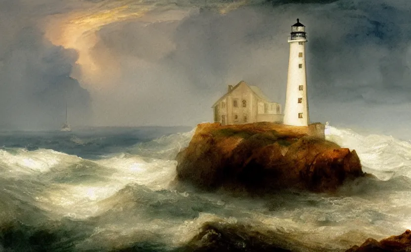 Image similar to a watercolor painting of a single lighthouse in a small rocky island during a violent storm by william turner, high quality, highly detailed, digital painting, masterpiece, turbulent sea, dramatic lighting, cinematic, centered, watercolor, william turner style, 4 k