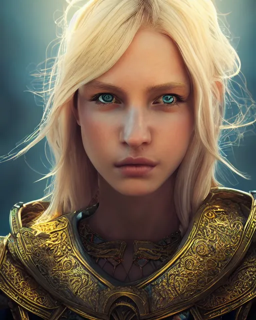 Image similar to Beautiful art portrait of a blond girl as a fantasy warrior in a bright temple, atmospheric lighting, intricate detail, cgsociety, hyperrealistic, octane render, RPG portrait, ambient light, dynamic lighting