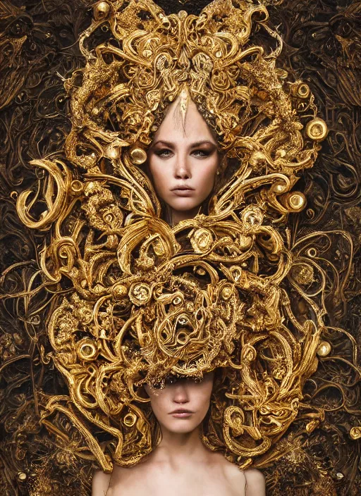 Image similar to a portrait of female by stefan geselle and nekro borja, photorealistic, intricate details, hyper realistic, fantasy, elegant, baroque gold headpiece, photorealistic, canon r 3, photography, wide shot, symmetrical features, wide angle shot, head to toe, standing pose, feet on the ground, wearable art