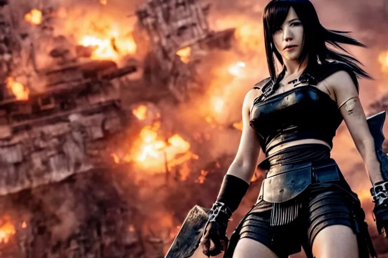 Prompt: promotional image of <Tifa Lockhart> as <War Goddess> in the new movie directed by <Tetsuya Nomura>, <heavily armored and brandishing gauntlets>, detailed face, movie still frame, promotional image, imax 70 mm footage