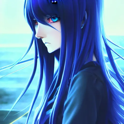 Image similar to attractive long blue - haired girl with bangs gothic anime character with amber eyes, screenshot, anime, sharp focus, intricate, illustration, cell shaded, digital painting, highly detailed, concept art, matte, art by ilya kuvshinov and kyoto animation and wlop, anime character, and greg rutkowski, studio quality, masterpiece