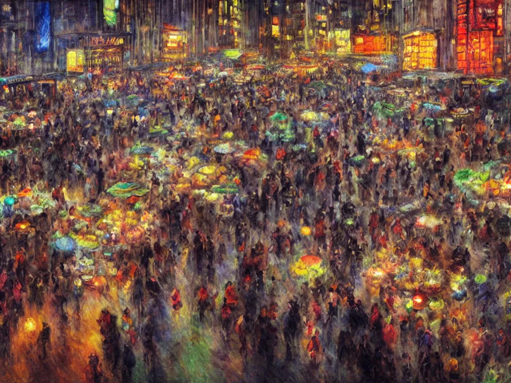 Prompt: matte painting, impressionist, a solemn night, defied by spirit, pulse, and flow, the vibrant echoes of the market, drifters, traders, collectors, and travelers, within radiate connection, forming an oasis of vivid lights within the shallow city, dark, vibrant people, vivid color, crowded people, close up, artistic style, eye level shot, by John Salminen and George Luks and Paul Lehr