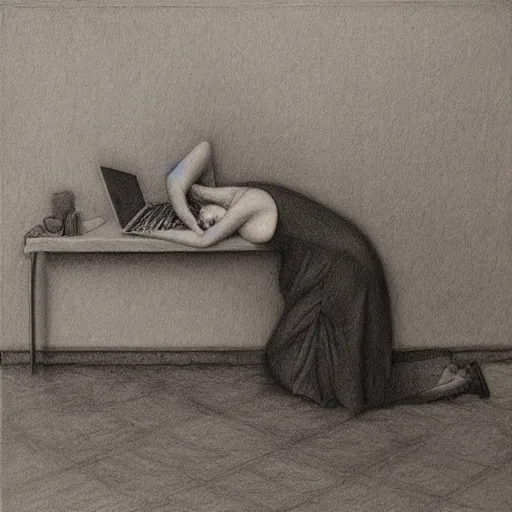 Prompt: highly detailed charcoal drawing of woman sitting on the carpeted floor beside a bed, working on her laptop by aron wiesenfeld