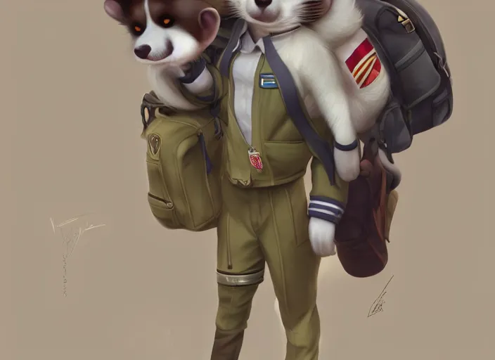 Prompt: character portrait feature of the anthro male anthropomorphic ferret fursona wearing airline pilot outfit uniform professional pilot character design stylized by charlie bowater, ross tran, artgerm, and makoto shinkai, detailed, soft lighting, rendered in octane