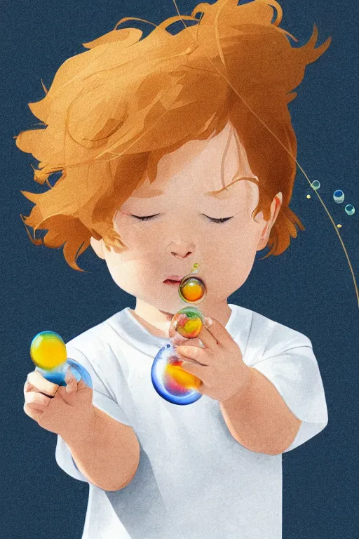 Image similar to a little boy with ginger hair blowing bubbles. clean elegant simple illustration, beautiful detailed face.