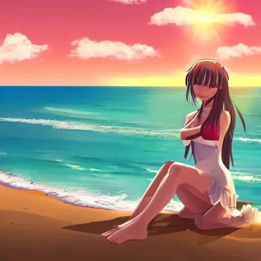Image similar to smug anime girl at a beach, full body portrait, extremely detailed, pretty, sunny, sparkling sand, waves, lush, cinematic lighting, anime,