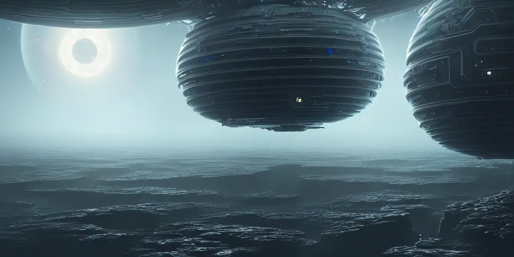 Prompt: highly detailed floating alien fortress in space, huge, gargantuan, sense of scale, complex intricate science fiction machinery, biophilia, eco dome, military technology, 8 k octane render, 4 k unreal engine, hyperdetailed, chiaroscuro lighting, raytracing, by paul chadeisson and sparth, trending on artstation