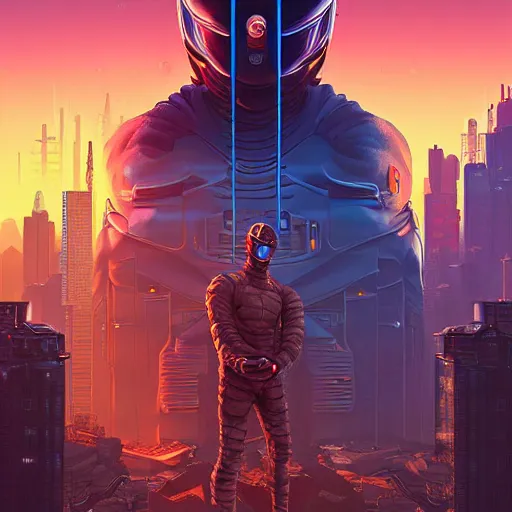 Image similar to ninja cyborgs portrait in cybercity, golden hour, poster by michael whelan and gilbert williams and evgeny lushpin and artgerm and alena aenami, highly detailed