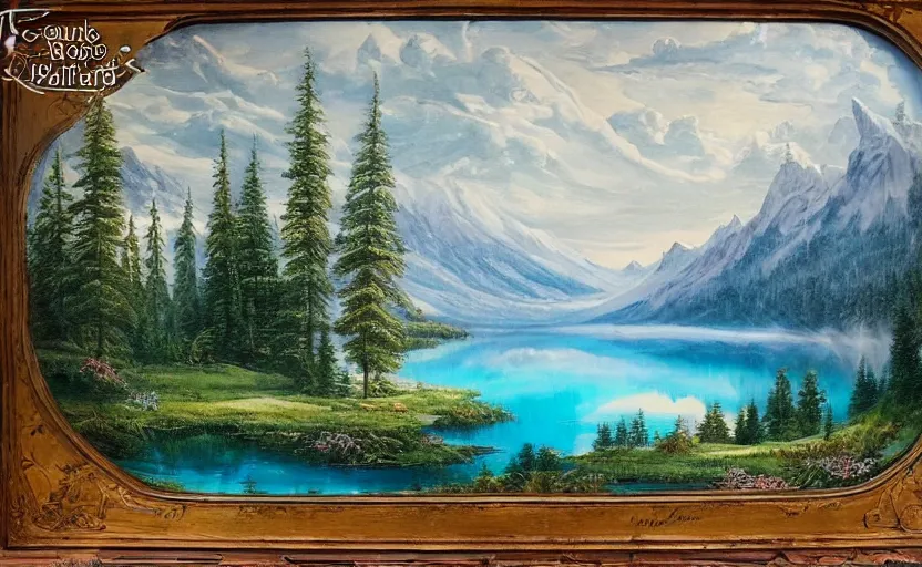 Image similar to beautiful award winning mythical painting of a canadian lake, 4 k, ultra hd