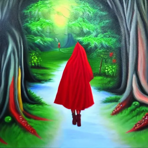 Image similar to oil painting of little red riding hood walking through a fantasy landscape filled with brugmansia suaveolens