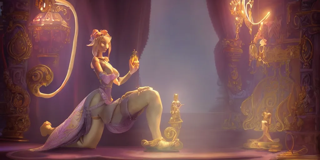 Prompt: beautiful genie girl, kneeling in the palace room, beautiful elegant body, accurate body proportions, accurate facial details, epic fantasy, mysterious ambient lighting, digital art, fantasy vibes, style of final fantasy and kingdom hearts