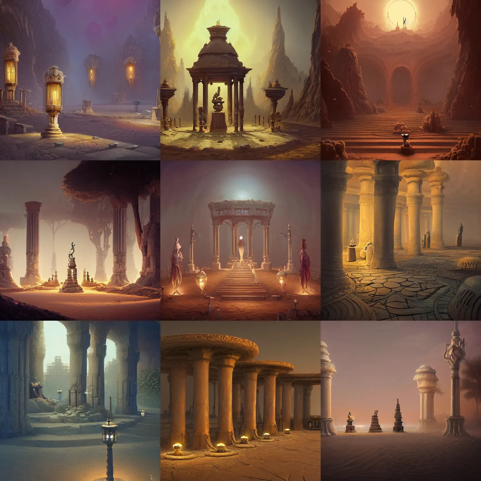 Prompt: victorian ampitheater of sand, pillars with statues on top, lamps on ground, by peter mohrbacher dan mumford craig mullins nekro, cgsociety, pixiv, volumetric light, 3 d render