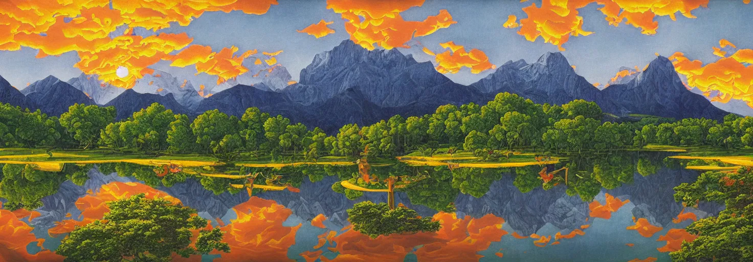 Prompt: escher painting of a lake, big trees reflecting on lake surface, mountains at background, fluffy clouds, sunset, yellow, green, red, snowy, ultra sharp, ultra detailed, happy, uplifting, colorized by salvador