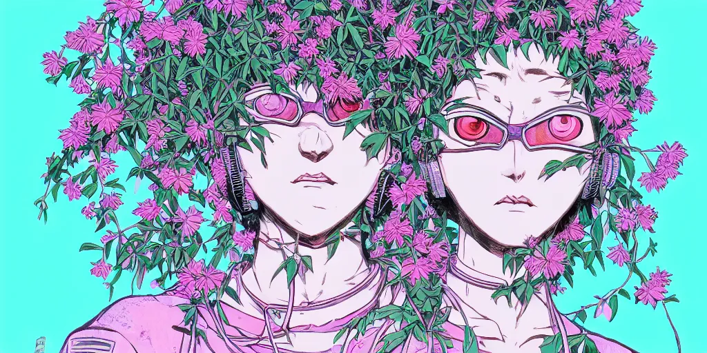 Prompt: risograph grainy drawing of neo - tokyo anime - like hero girl protagonist face, dull colors, with huge earrings, face covered with plants and flowers, by moebius and dirk dzimirsky and satisho kon, latex, close - up wide portrait, epic sad, perfect blue