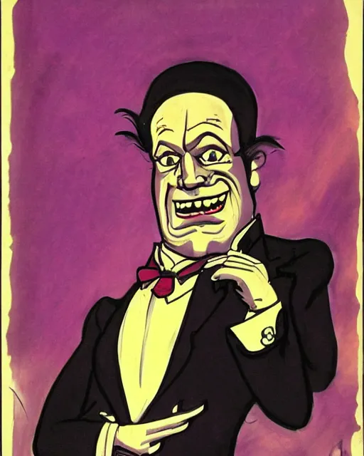 Image similar to villainous smug male antagonist in suit, fancy apartment, artwork by ralph bakshi