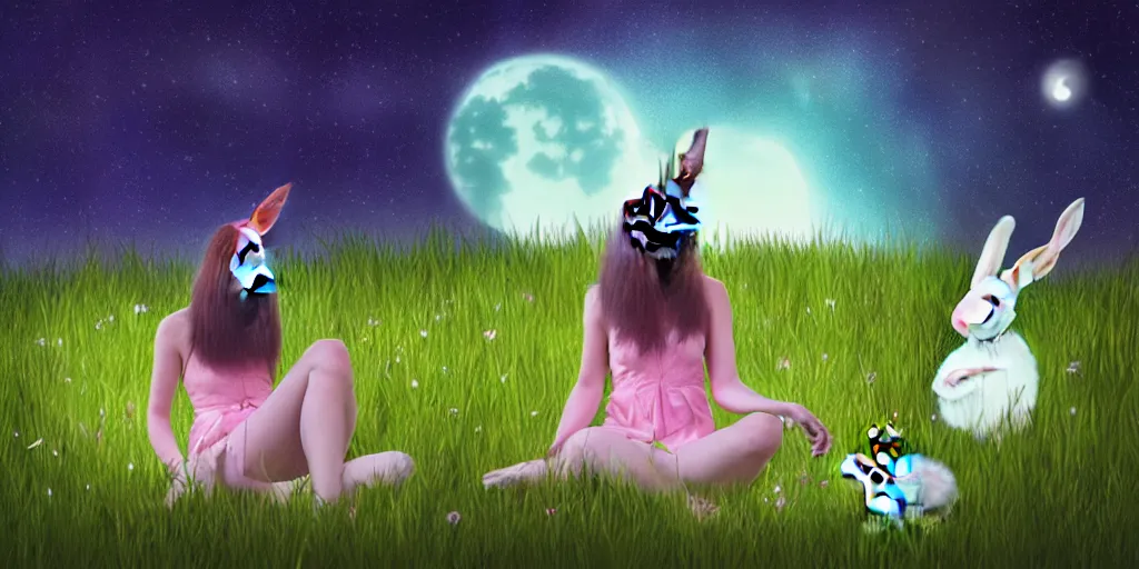 Prompt: a girl sits on the grass at night with dreamcore rabbits