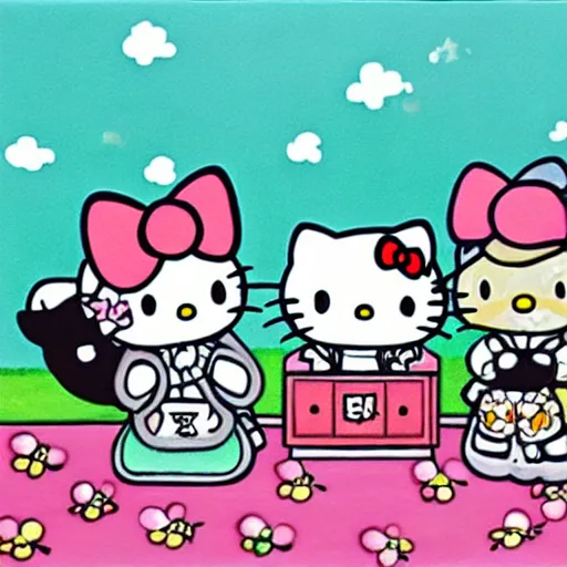 Prompt: painting of hello kitty and kuromi and hello kitty friends playing outside on a sunny day, by yoko shimizu, by sanrio