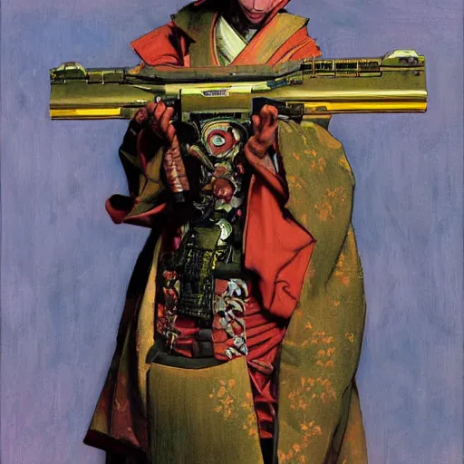 Image similar to the doomslayer wearing a kimono, portrait art by norman rockwell and donato giancola and greg rutkowski,