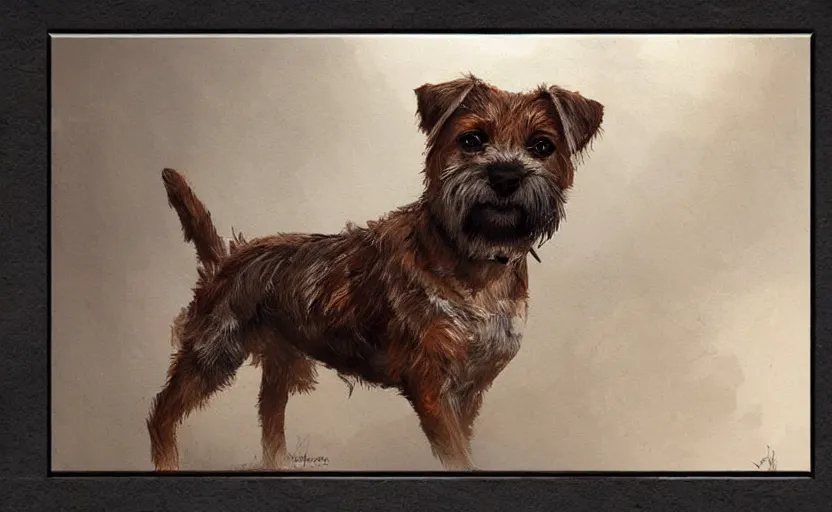 Image similar to A painting of a Border Terrier trending on artstation in the style of Greg Rutkowski