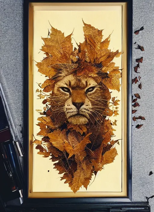 Image similar to golden leaves at frame border, creative!!! composition for a book cover, absurdly beautiful, ultrafine hyperrealistic detailed animal face by wlop and artgerm and greg rutkowski, intricate linework, sharp focus, smooth, octopath traveler, final fantasy, unreal engine, dramatic lighting, ethereal, 8 k